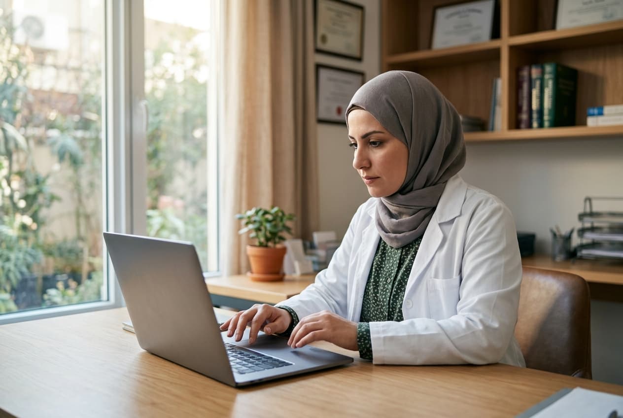 طبيبة تعمل على حاسوبها المحمول لبناء ملفها المهني الرقمي