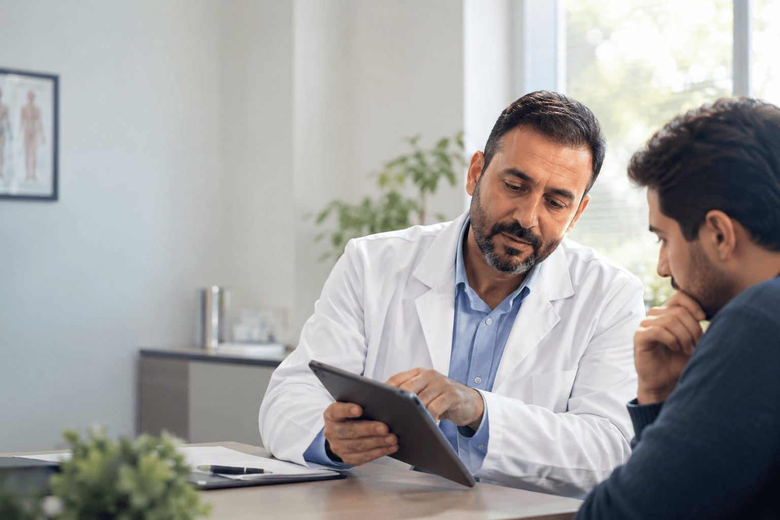 Doctor showing a patient information on a tablet during a consultation